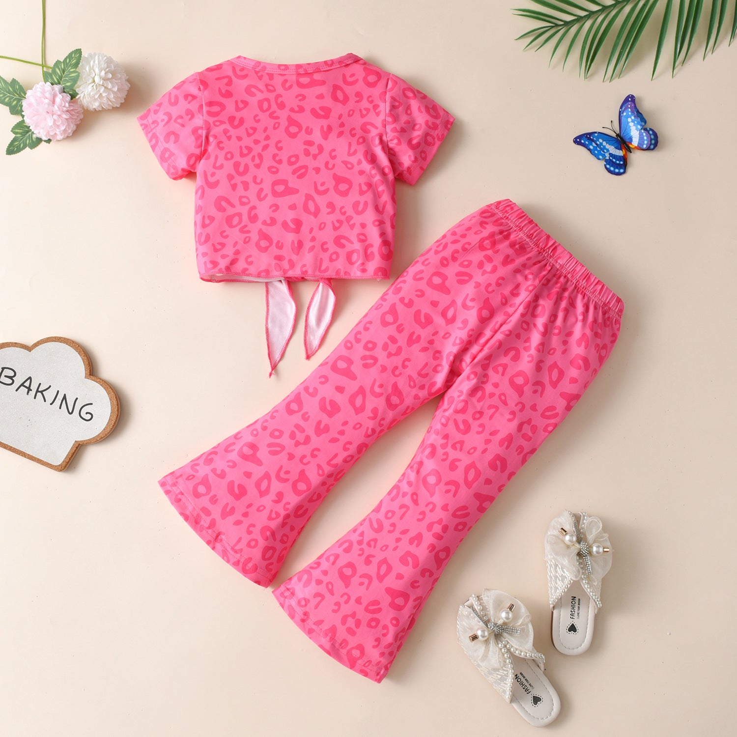 Wholesale Cotton Valentine's Day Kids Set Leopard Print Flare Pants Two Piece Set